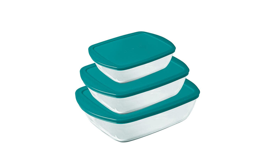 Pyrex® - Cook & Store - 3er Set rechteckige Glasschalen mit Deckel (0,4l, 1,1l und 2,5l) - BPA-frei