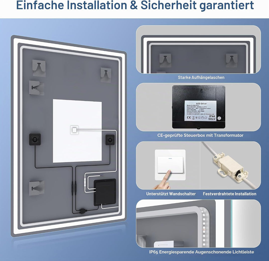 STARLEAD Badspiegel-mit-Beleuchtung 100x70cm, Spiegel-mit-Beleuchtung und Entfoggen, Bluetooth, Dimm