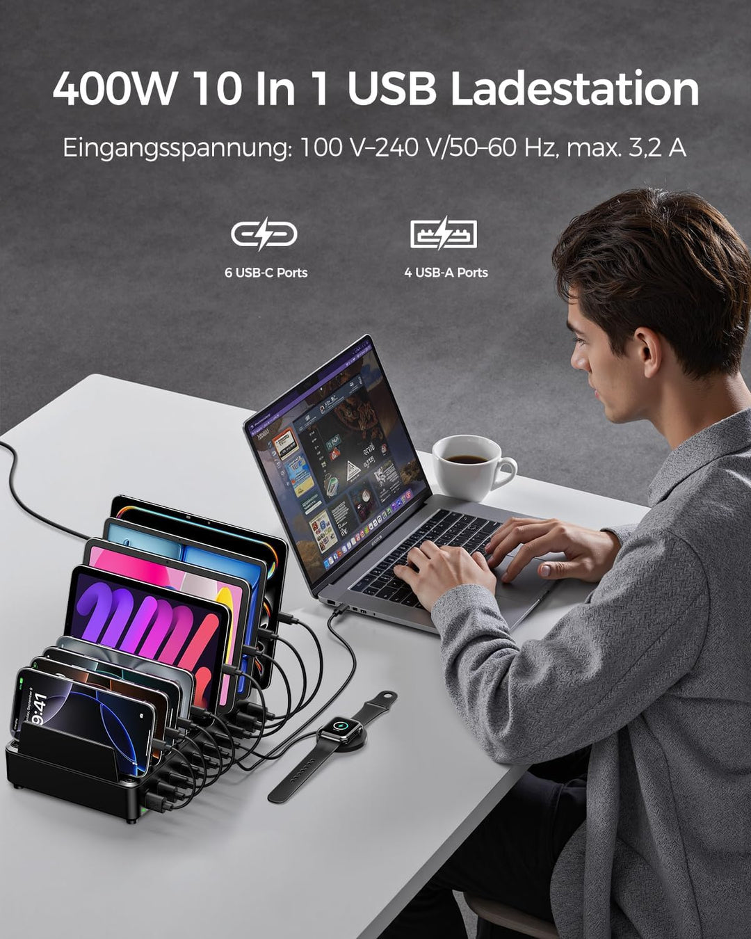 Rocoren 400W Ladestation Mehrere Geräte USB C Charging Station, GaN PD100W 10 Anschlüsse Familien Ha