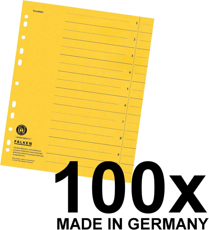Original Falken 100er Pack Trennblätter. Made in Germany. Aus Recycling-Karton für DIN A4 gelb Trenn