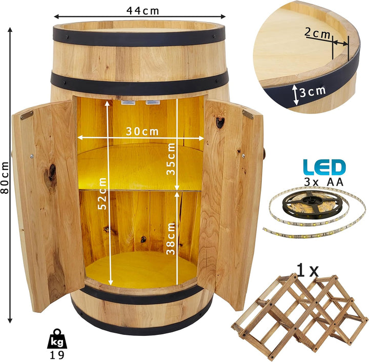 weeco Fassbar LED mit Tür und Weinhalter - Weinregal. Fass Hausbar Weinrack 80x50cm. Rustikaler deko