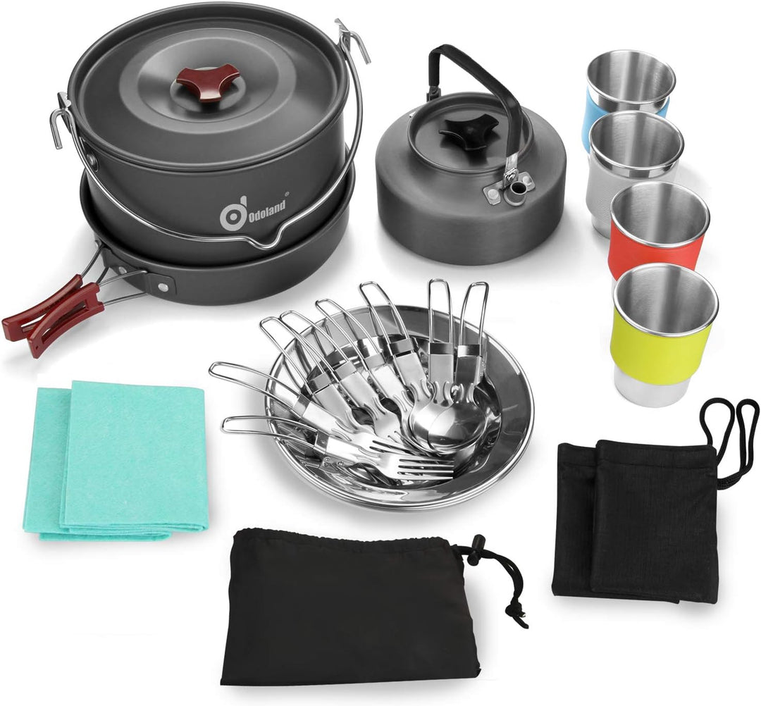 Odoland Camping Geschirr Set, Kochgeschirr für Outdoor Kochen für Camping, Rucksacktourismus, Kochen