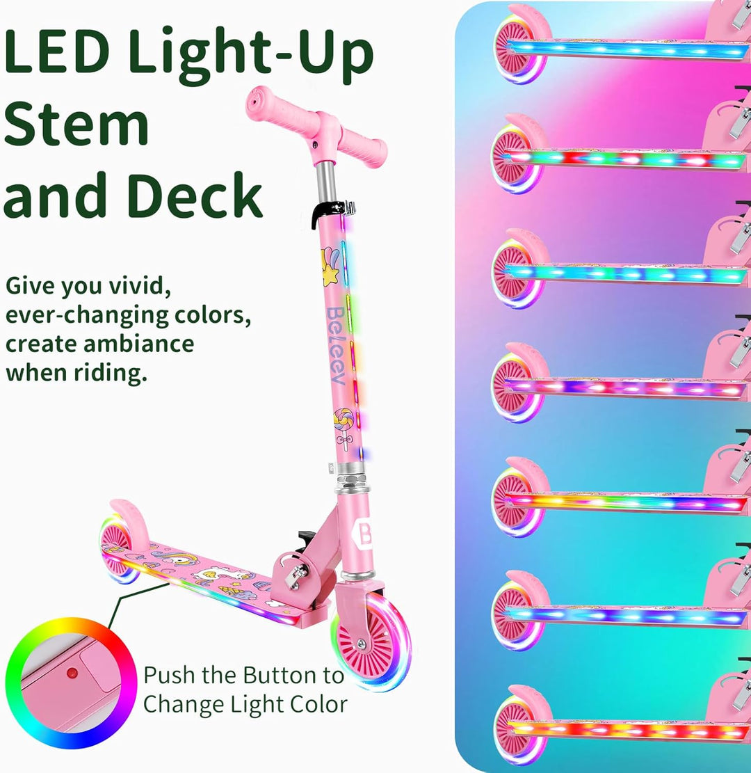 BELEEV V2 Roller Kinder Scooter 6 Jahre, Upgrade mit LED leuchtenden Rädern, Lenksäule und Deck, Höh