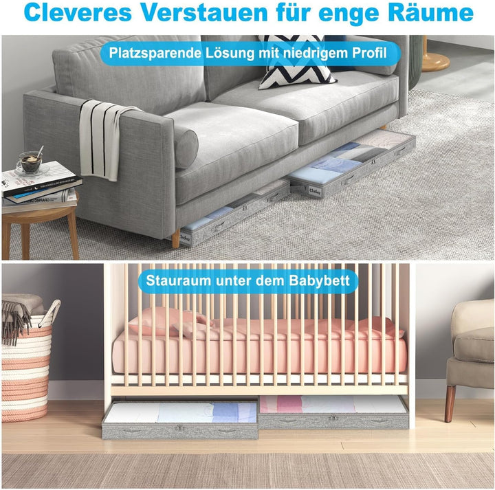 Unterbett Aufbewahrungsbox 2 Stück Unterbettkommode und klarem Deckel, 10cm hoch Kleideraufbewahrung