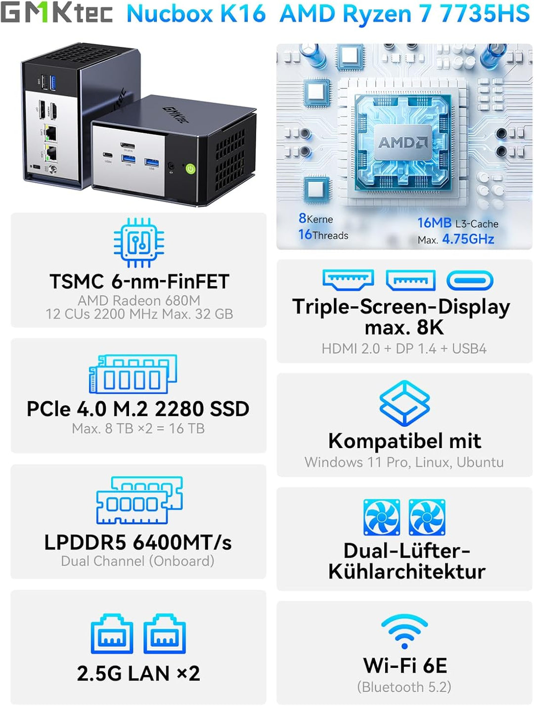 GMKtec Mini PC Gaming Ryzen 7 7735HS(8K/16T Bis zu 4.75GHz, Beats 6800) Micro PC mit 32GB DDR5 6400,