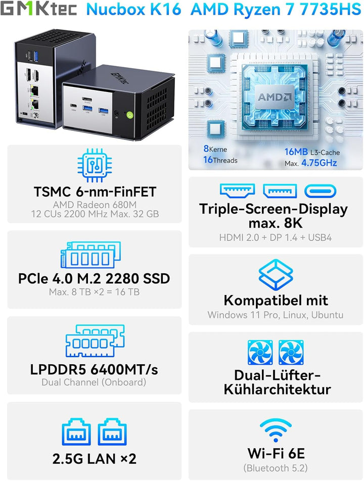 GMKtec K16 Gaming Mini PC AMD Ryzen 7 7735HS (4,75 GHz) 32 GB DDR5 RAM + 1 TB SSD PCIe, Dual-NIC-LAN