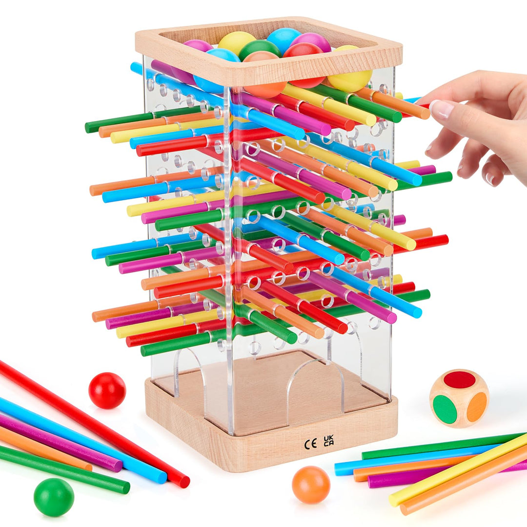 Montessori Spiel Brettspiel aus Holz, 48 Bunte Stäbchen Würfelspiel zur Feinmotorik & Mathe, Lernspi