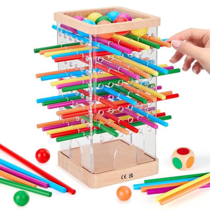 Montessori Spiel Brettspiel aus Holz, 48 Bunte Stäbchen Würfelspiel zur Feinmotorik & Mathe, Lernspi