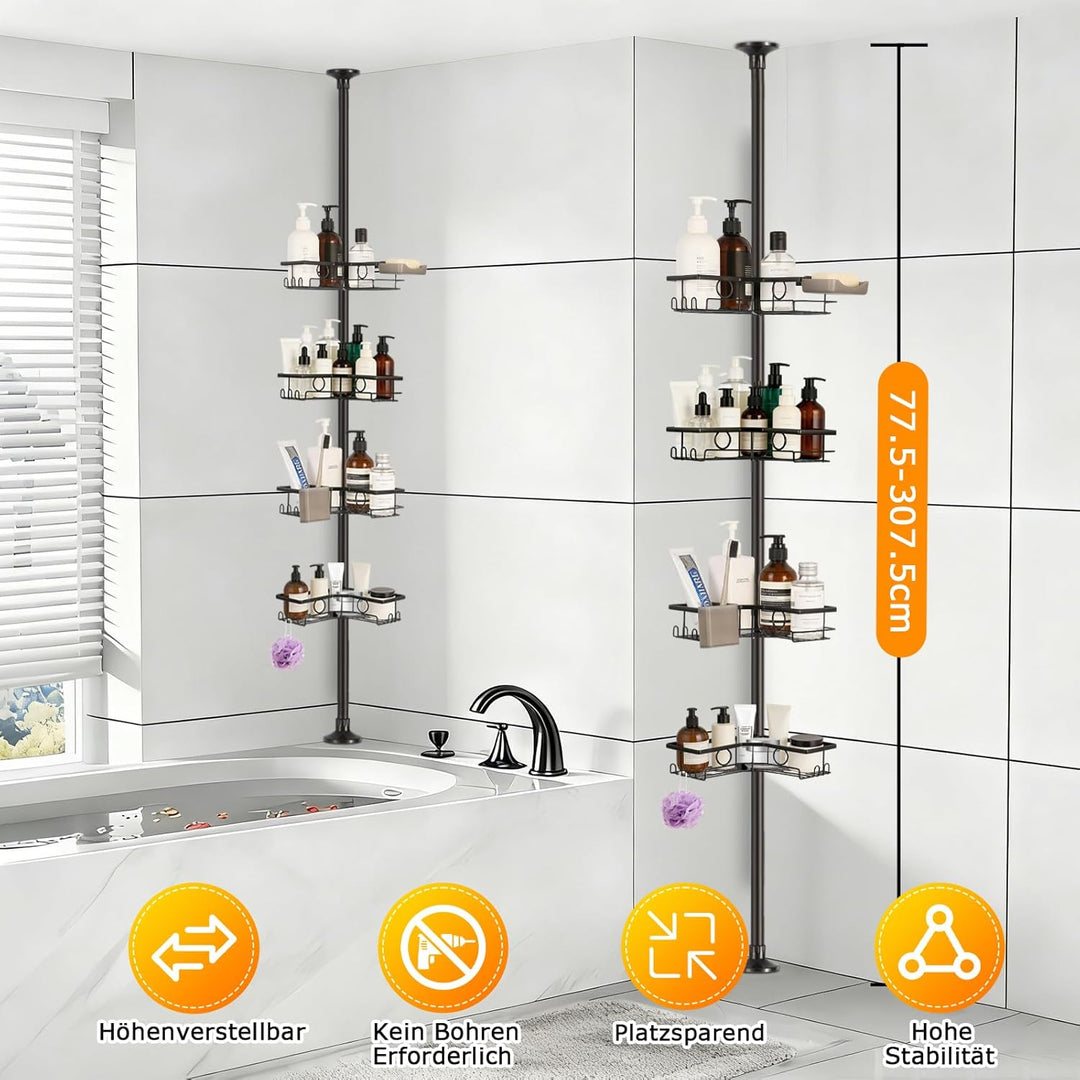 Duschregal Teleskop ohne Bohren, Teleskop Duschregal – Bathroom Organizer mit 4 Ablagen & Haken, 77.