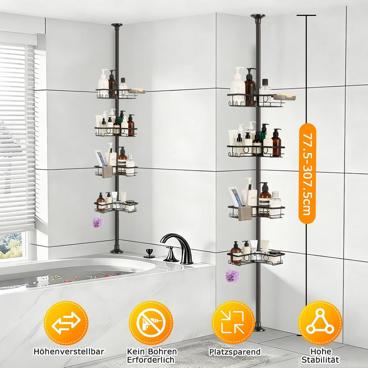 Duschregal Teleskop ohne Bohren, Teleskop Duschregal – Bathroom Organizer mit 4 Ablagen & Haken, 77.