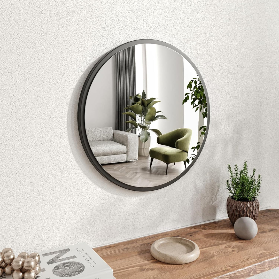 Gozos Moderner Industrial Spiegel Obejo, Schwarz - Runder Wandspiegel mit hölzerner Unterseite und i