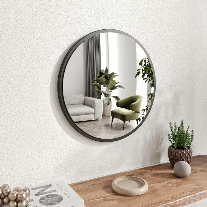 Gozos Moderner Industrial Spiegel Obejo, Schwarz - Runder Wandspiegel mit hölzerner Unterseite und i