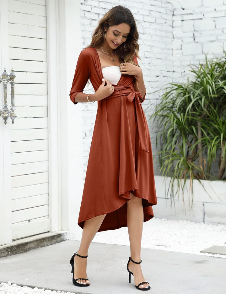 KOJOOIN Damen Umstandskleid Festlich Stillkleid V-Ausschnitt 3/4 Ärmel Schwangerschaftskleid mit Tai