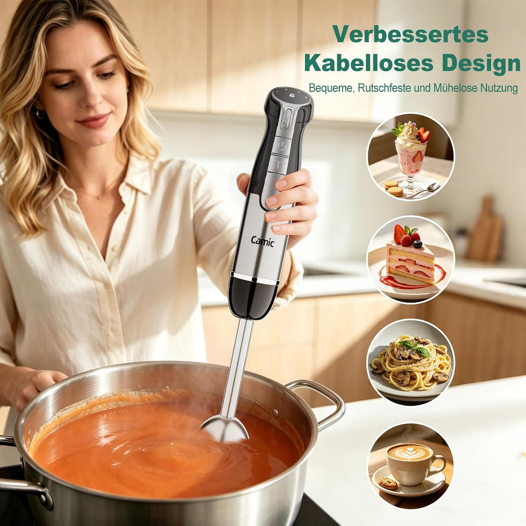Camic Stabmixer, Kabelloser Elektrische Handmixer mit 6-Stufiger + Turbo, LED-Anzeige, 4-in-1 Tragba