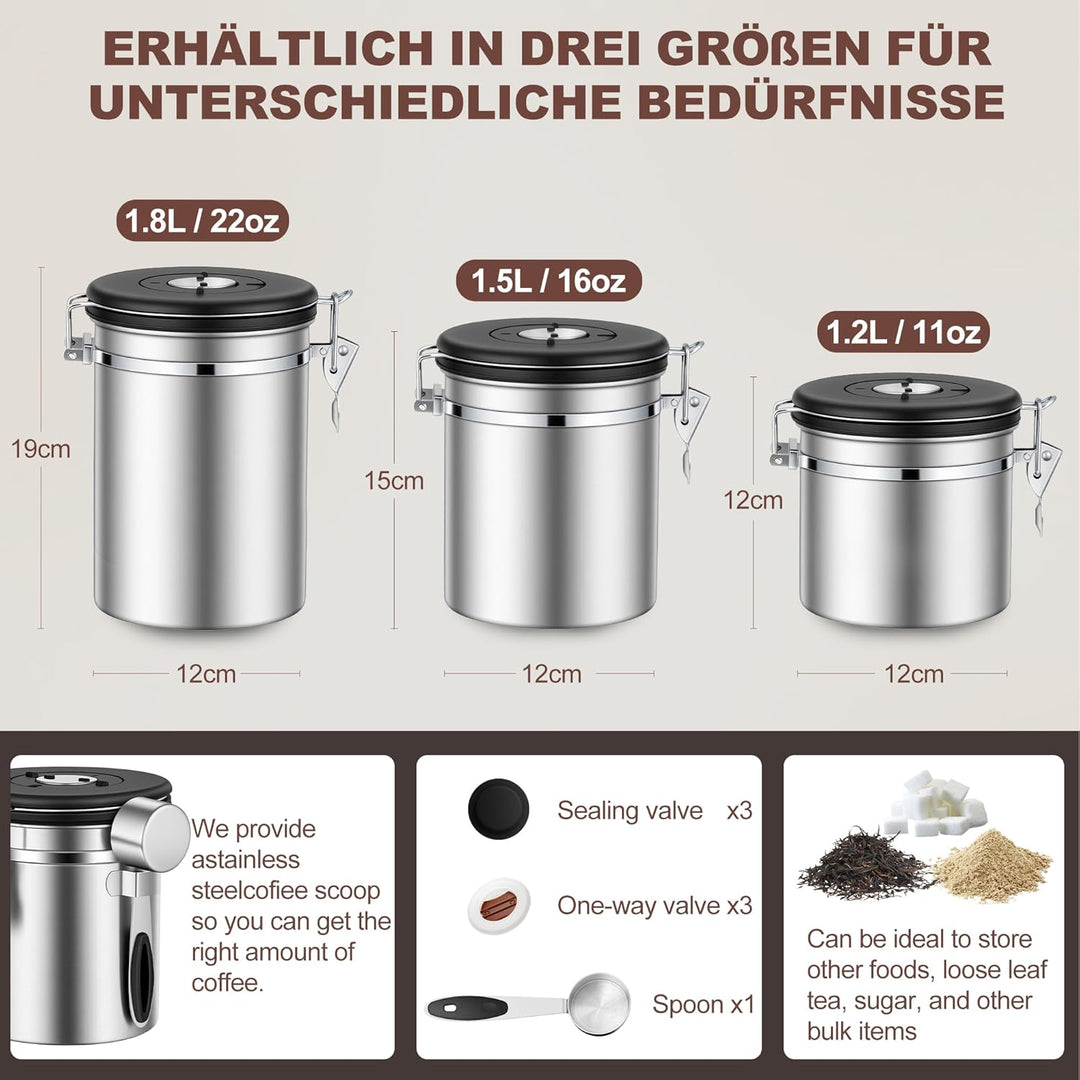 ShanSon Kaffeedose, luftdicht, Edelstahl, Kaffeebohnen-Aufbewahrungsbehälter mit Schaufel, Kaffeedos