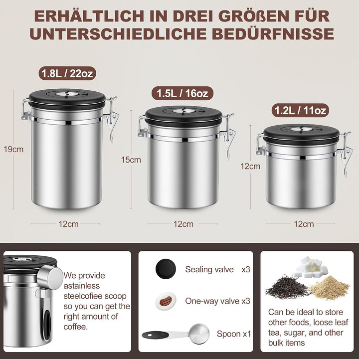 ShanSon Kaffeedose, luftdicht, Edelstahl, Kaffeebohnen-Aufbewahrungsbehälter mit Schaufel, Kaffeedos