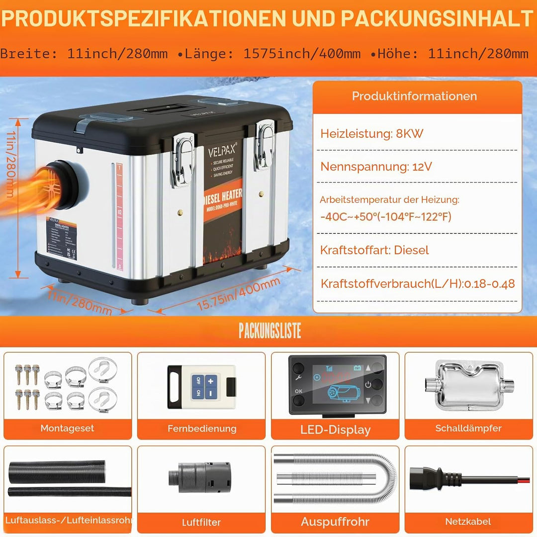 VELPAX Luft Dieselheizung Standheizung,8 kW 12 V Diesel Luftheizung All in One,LCD-Schalterdisplay 1