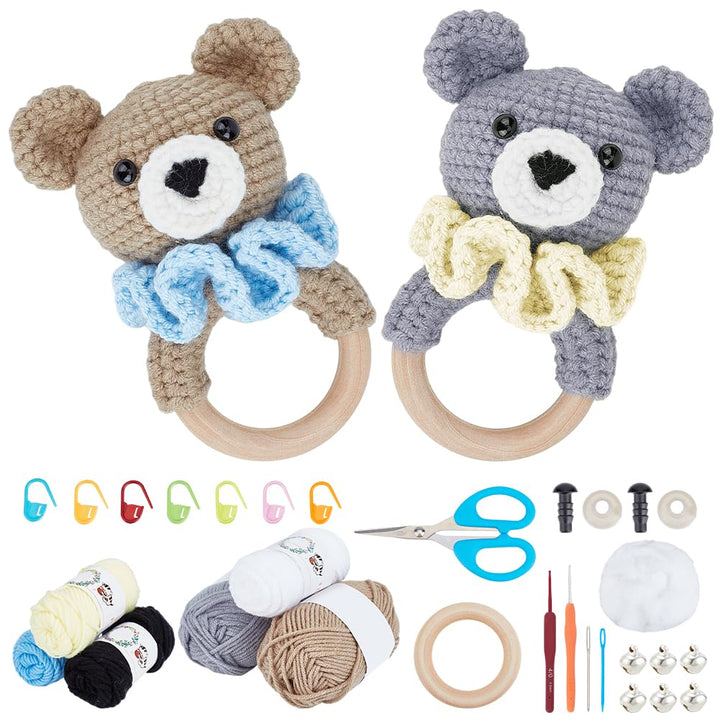 WEBEEDY 2 Sets Häkel-Set für Anfänger, DIY Bären-Häkelrassel-Set mit detaillierter Anleitung, Garn,