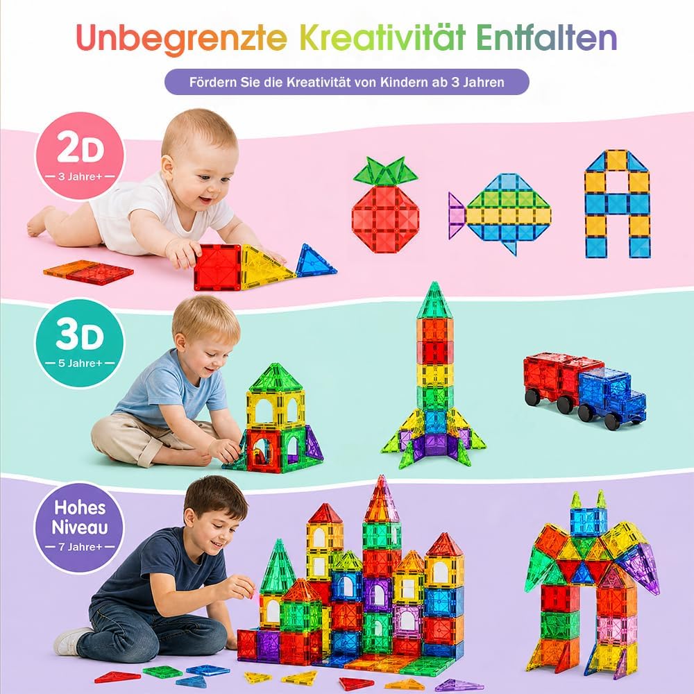 Playpals Magnetische Bausteine 120 Teile mit 2 Autos für Kinder ab 3 Jahren | 2D- &amp; 3D-Bauen, STEM-L