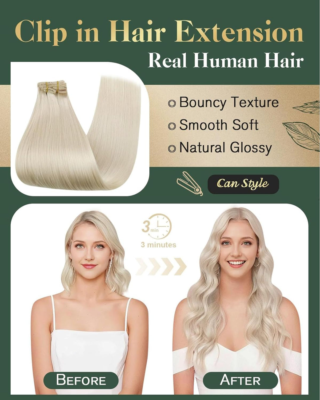 Ugeat Dicke Clip in Extensions Echthaar Weiss Blond 35cm Farbe 60A Extensions Echthaar 105Gramm Komp