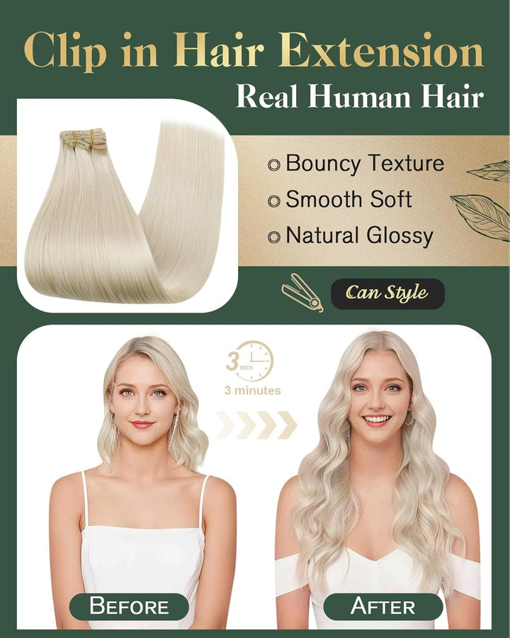 Ugeat Dicke Clip in Extensions Echthaar Weiss Blond 35cm Farbe 60A Extensions Echthaar 105Gramm Komp