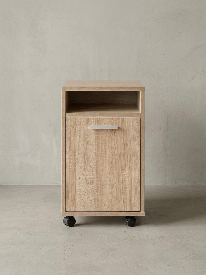 KADIMA DESIGN Rollcontainer OSSOLA: Weiss/Sonoma, 2 Türfächer, Ablagefach, Rollen mit Bremsen, Melam