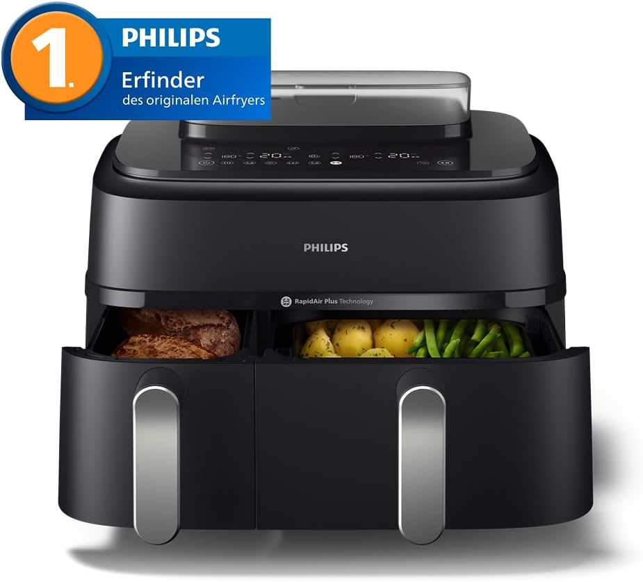 Philips Steam Airfryer 5000 Series Dual Basket Heissluftfritteuse mit Dampfgar-Funktion & 2 Körben –