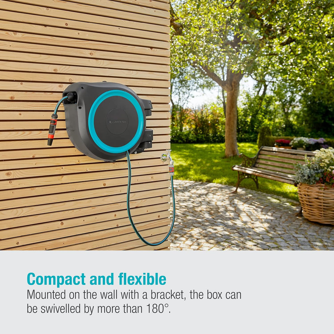 Gardena Wand-Schlauchbox Rollup L (türkis) 30 m: Flexible Bewässerung für grosse Gärten, Schwenkbare