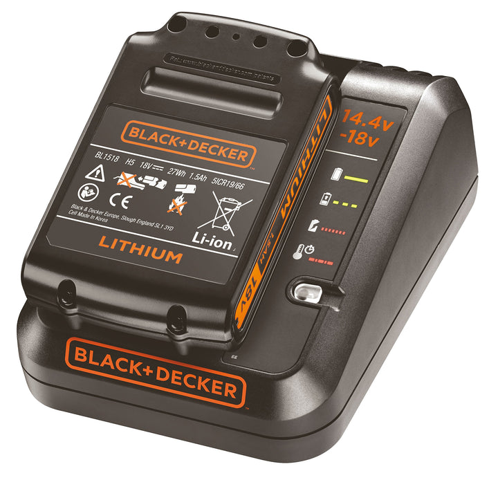 Black+Decker 1A Ladegerät Starterkit (18V 1,5Ah Li-Ion Akku, LED-Ladezustandsanzeige, 4 Anzeigenmodi