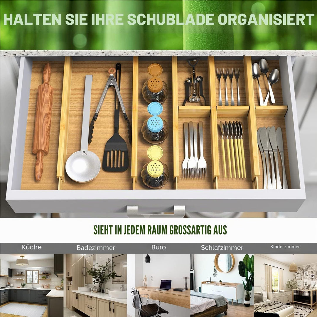 ANTOWIN Schubladentrenner Verstellbar Bambus (43-56 cm), Schubladen organizer, gefedert, Küche, Komm