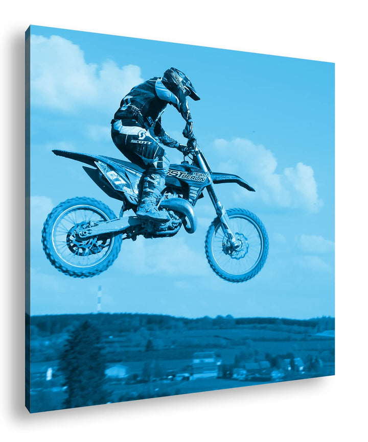 deyoli Motocross Stunt Format: 70x70 Effekt: Monocrome Blau als Leinwandbild, Motiv fertig gerahmt a