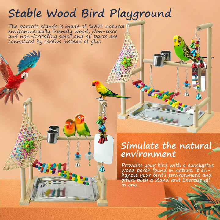 Papageien Spielplatz mit Spiegel Naturholz Vogel Ständer Papageien Spielständer mit Edelstahl Futter