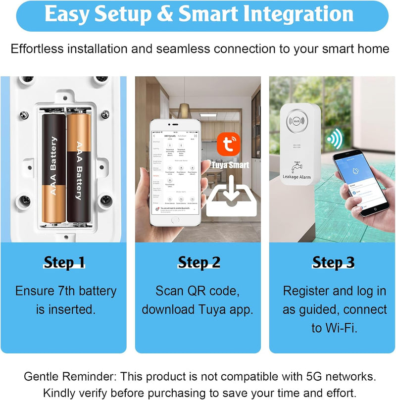 WiFi Wassermelder Wasseralarm(2,4 G WiFi), 90 dB Wassersensor Alarm und App Alarm, kabelloser Wasser