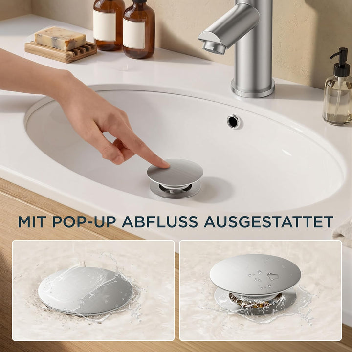 FORIOUS® Wasserhahn Bad mit Ablaufgarnitur, Edelstahl Waschbeckenarmatur mit Auslaufhöhe 85MM, Einhe