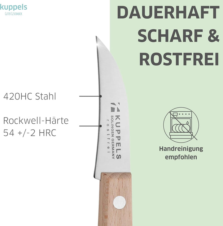 Kuppels Schälmesser Set 3-tlg, gebogene Klingen, Buchenholzgriff | Tourniermesser, Kartoffelschäler