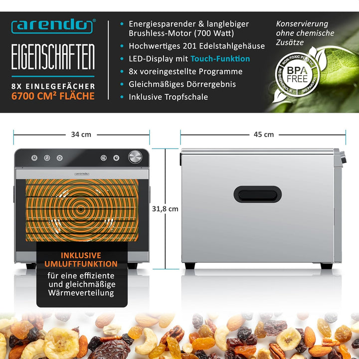 Arendo - Dörrautomat Edelstahl mit 8 Edelstahlgitter - 700 W - 30°-85°C - 8 Edelstahl Einlegetablett