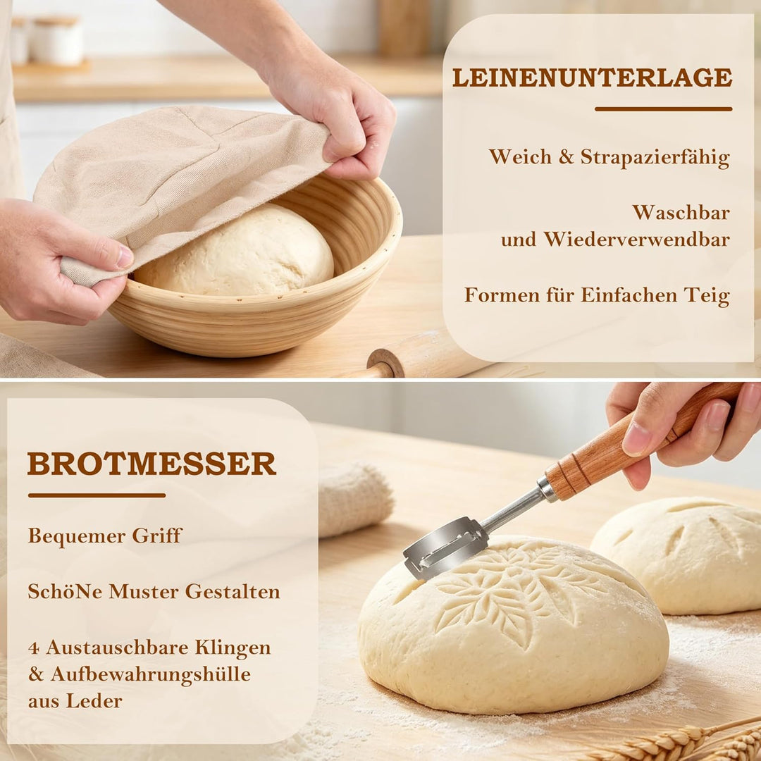 FIVAVA Gärkorb Brot Set, Gärkörbchen Rund 23cm,Brot Backen Zubehör Hochwertiges Rattan Mit Leinenbez