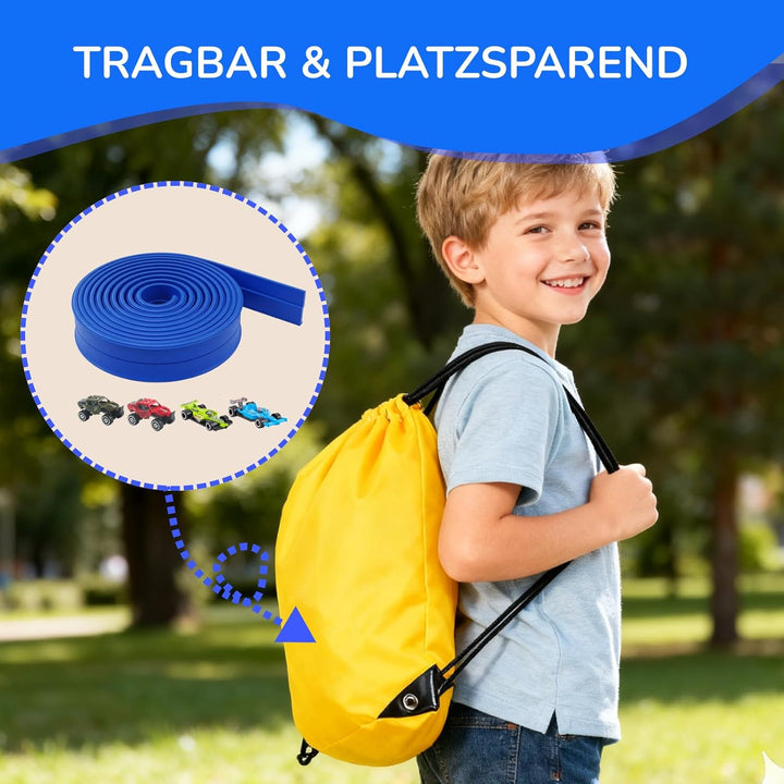 Autorennbahn Flexible Rennstrecke mit 4 Autos & Tragtasche – Soft Rennbahn Spielzeug für Kinder ab 3