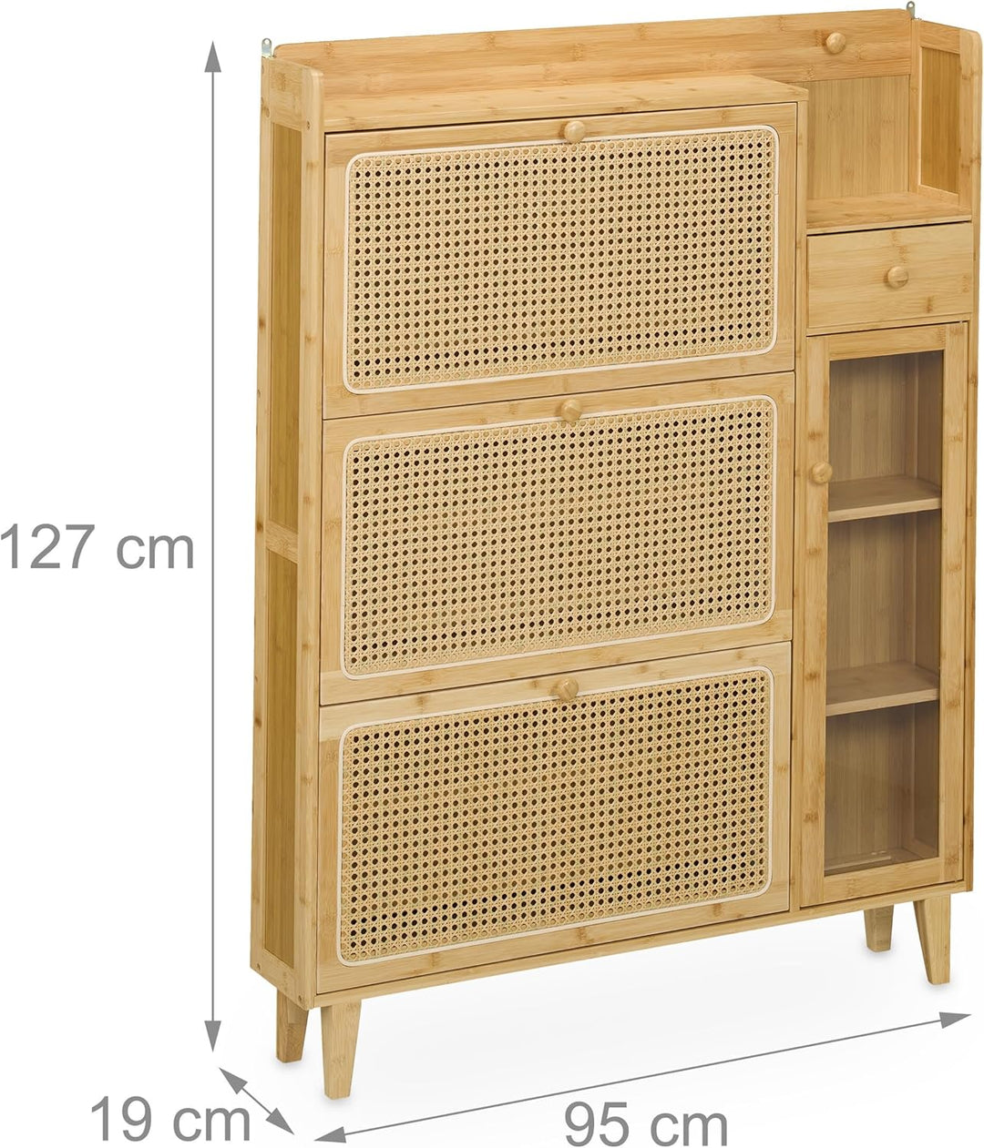 Relaxdays Schuhschrank, 5 Fächer, Bambus Schuhregal, 127x95x19 cm, für 9 Paar, 3 Klappen, schmaler S