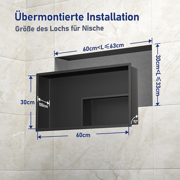 Duschnische 304 Edelstahl Wandnische Schwarz mit Ablage 60cm × 30cm × 10cm Nische Dusche für Wand Ba