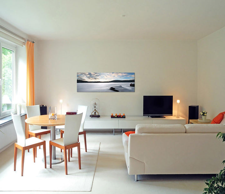 Augenblicke Wandbilder Leinwandbild als Panorama in 150x50cm Schneedecke Eis Wald Sonnenuntergang