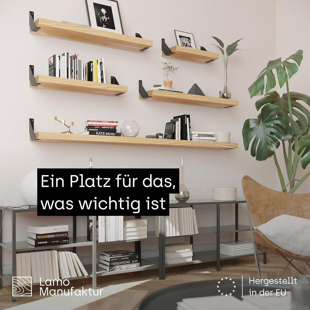 LAMO Manufaktur Wandregal Holz Gerade | Regal Farbe: Schwarz|mit schwarzem Vintage Regalträger|40 cm