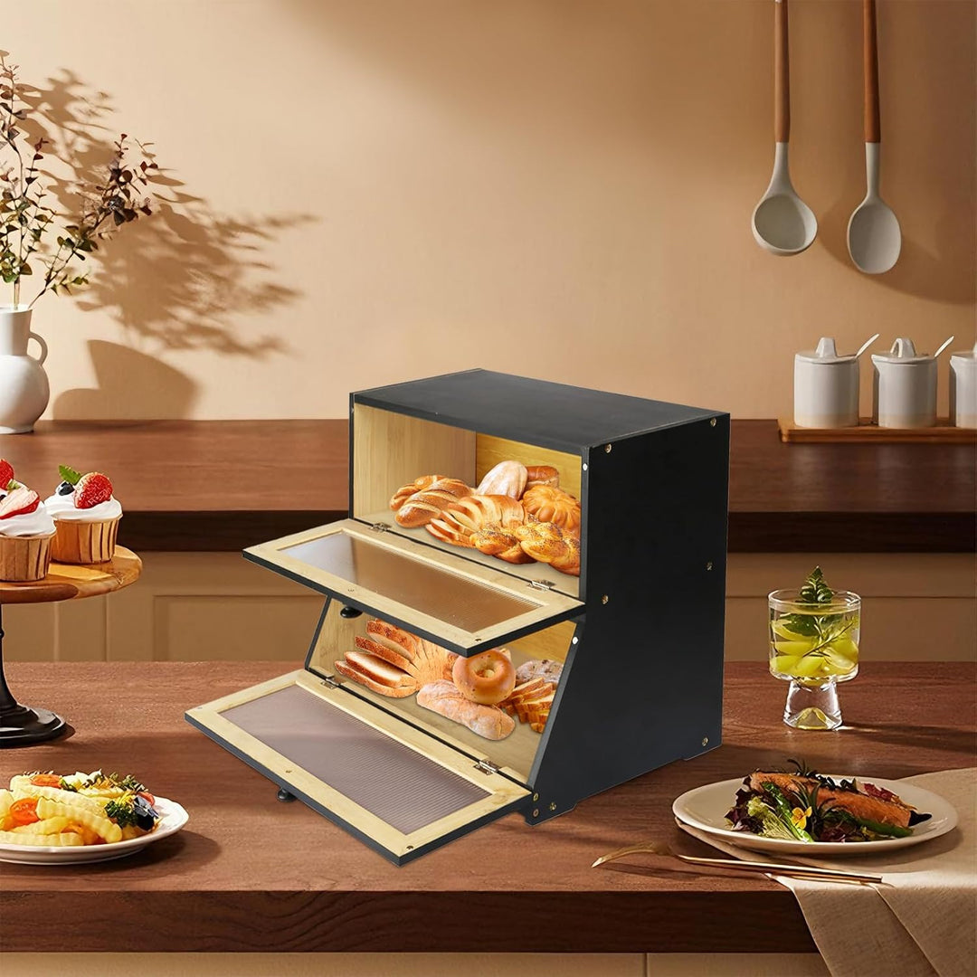 Brotkasten aus Bambus, 2 Schichten, Holzkiste für Küche, Huche, zur Aufbewahrung von Brot, 40 x 33 x