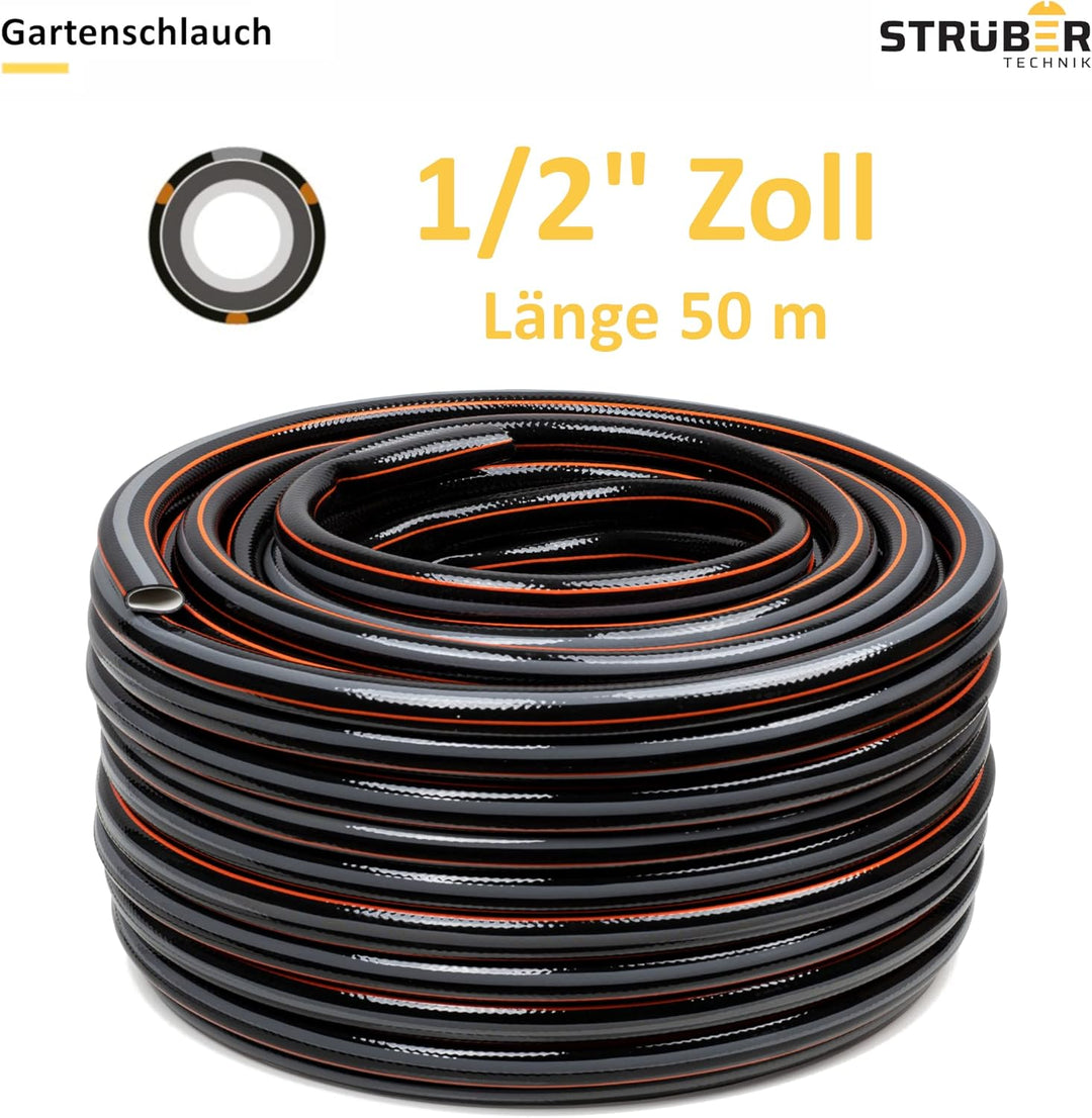 STRÜBER Gartenschlauch 4-lagig (1/2" Zoll – 50 m Länge) CARBON Bewässerungsschlauch mit Kreuzgewebe