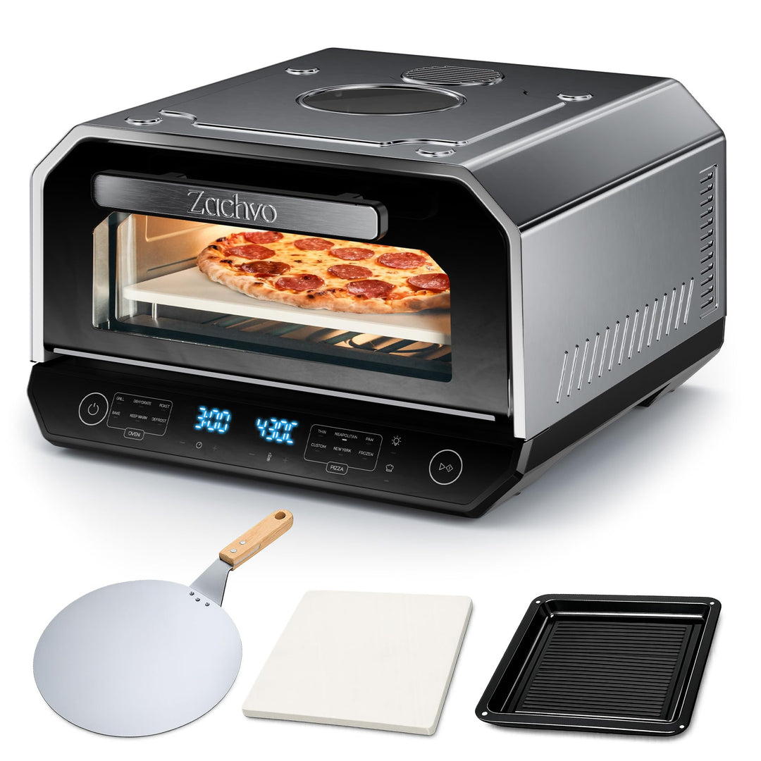 Pizzaofen Elektrisch 450°C – Neapolitanische Pizza in 90 Sek, Sichtfenster & Innenbeleuchtung, 6 Pro