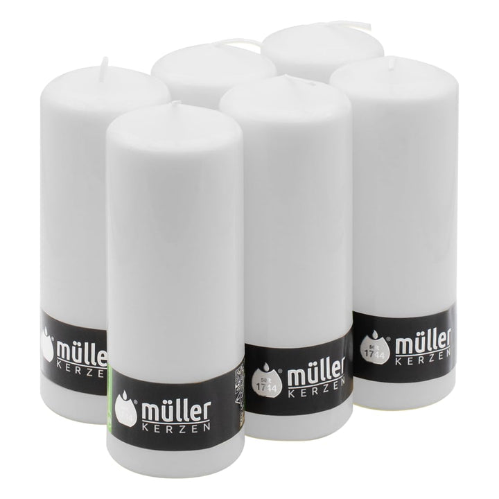 Müller Kerzen Stumpenkerzen Set, Weiss, 180 x 70 mm, 60 Stunden Brenndauer, Sicherheitsdesign, 6er-P