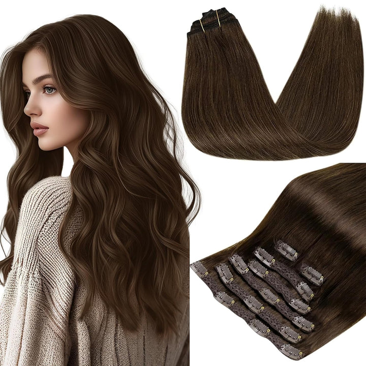 RUNATURE Echthaar Extensions Clip in Braune Haarverlängerung Echthaar Clip in Schokoladenbraun Clip