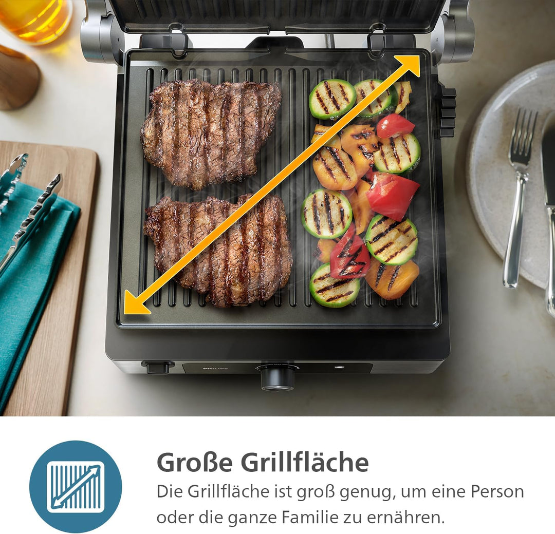 Philips Kontaktgrill - Einstellbare Temperatur 60°C-200°C. 180° aufklappbar. Grosse Grillfläche und