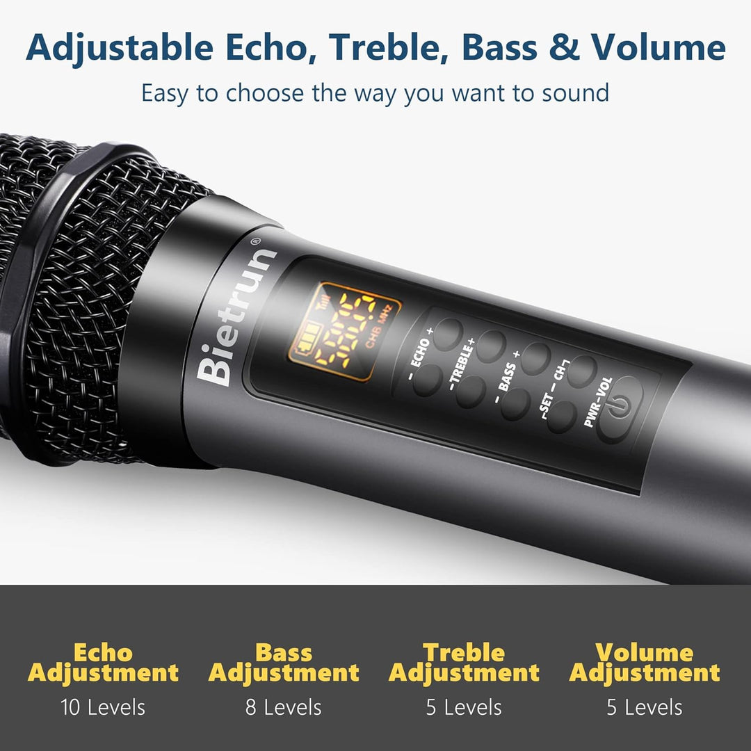 Bietrun Kabellose Mikrofone mit Echo, Höhen, Bass und Bluetooth, 160 m Reichweite, tragbares UHF-Han