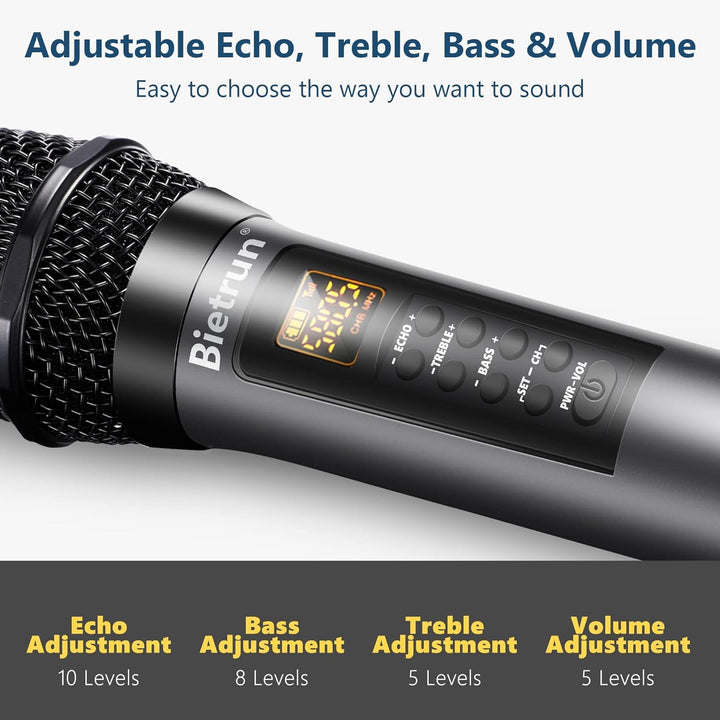 Bietrun Kabellose Mikrofone mit Echo, Höhen, Bass und Bluetooth, 160 m Reichweite, tragbares UHF-Han